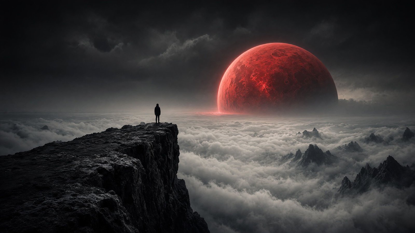 A lone figure on a cliff above the clouds, with a giant red planet.